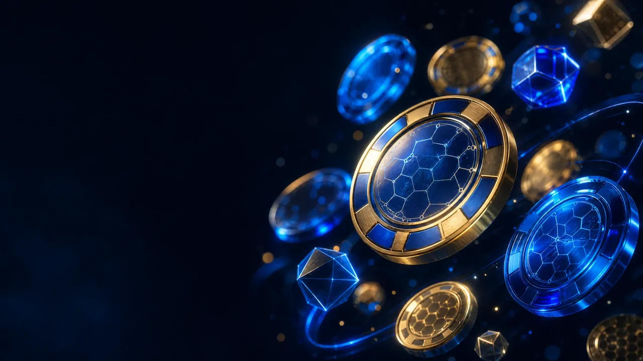 Blue and gold game tokens on a dark background