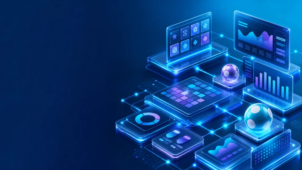 Abstract gaming platform dashboard panels in blue and cyan